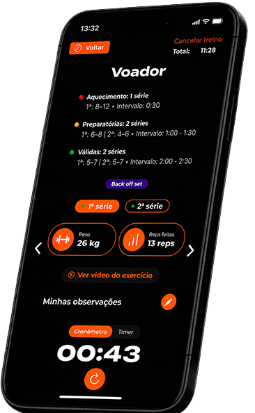 App do aluno mostrando o exercício Voador com séries, carga e cronômetro
